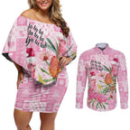 Sweet Pink Cockatoo’s Aussie Santa Couples Matching Off Shoulder Short Dress and Long Sleeve Button Shirt Australia Christmas Vibes - Aussie Hoodie