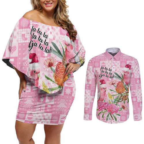 Sweet Pink Cockatoo’s Aussie Santa Couples Matching Off Shoulder Short Dress and Long Sleeve Button Shirt Australia Christmas Vibes - Aussie Hoodie