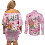 Sweet Pink Cockatoo’s Aussie Santa Couples Matching Off Shoulder Short Dress and Long Sleeve Button Shirt Australia Christmas Vibes - Aussie Hoodie