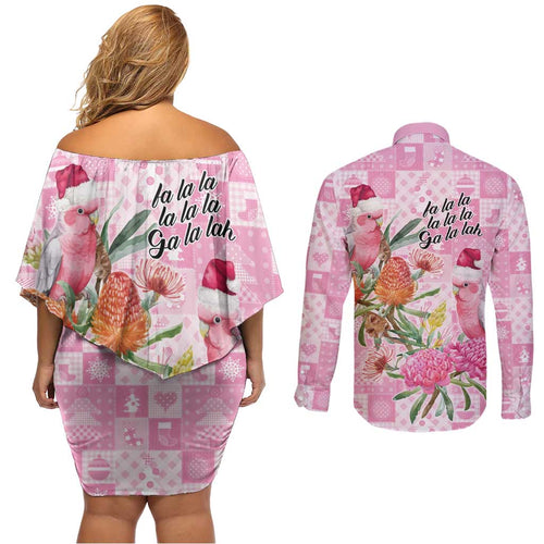 Sweet Pink Cockatoo’s Aussie Santa Couples Matching Off Shoulder Short Dress and Long Sleeve Button Shirt Australia Christmas Vibes - Aussie Hoodie