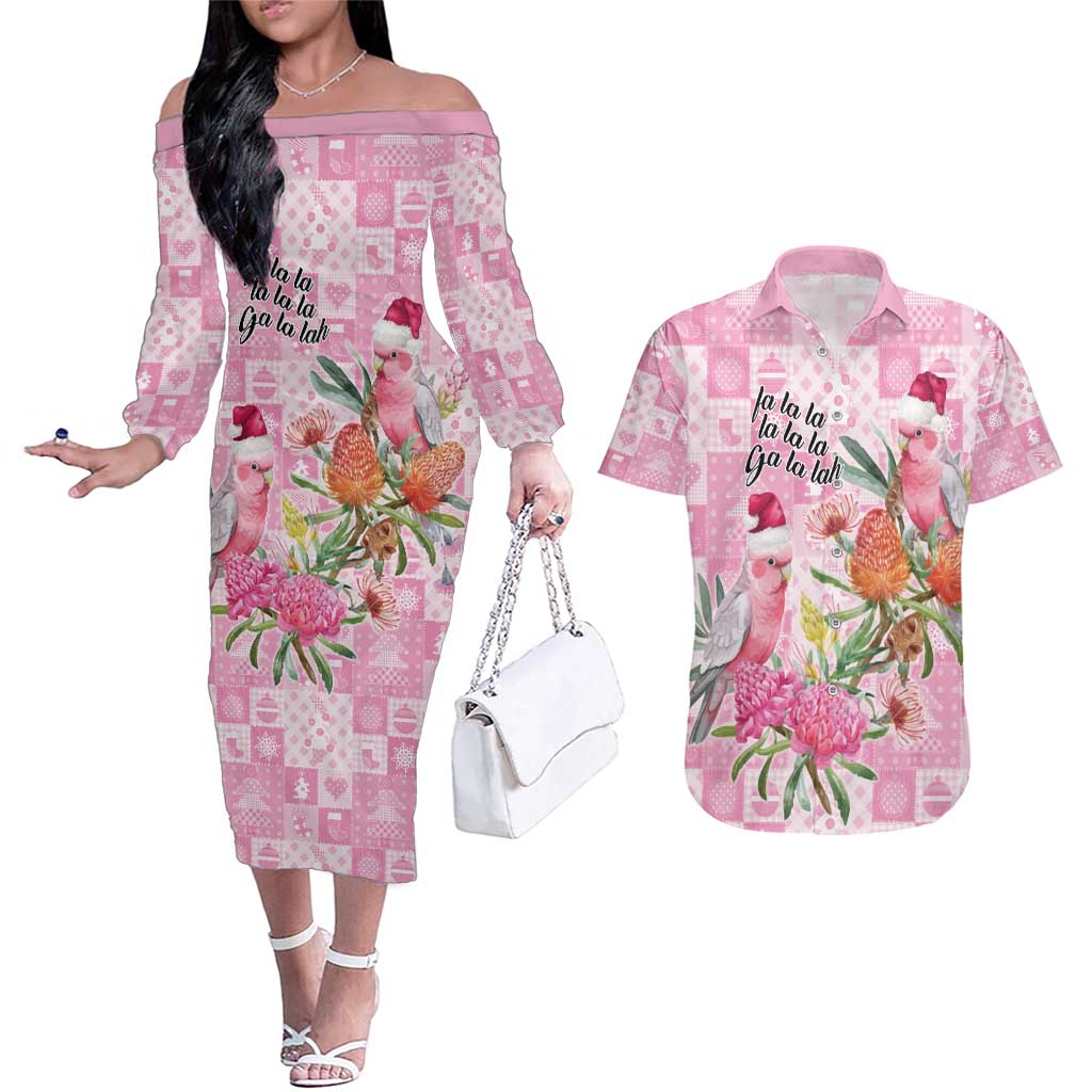 Sweet Pink Cockatoo’s Aussie Santa Couples Matching Off The Shoulder Long Sleeve Dress and Hawaiian Shirt Australia Christmas Vibes - Aussie Hoodie