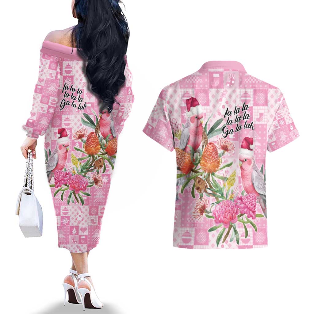 Sweet Pink Cockatoo’s Aussie Santa Couples Matching Off The Shoulder Long Sleeve Dress and Hawaiian Shirt Australia Christmas Vibes - Aussie Hoodie