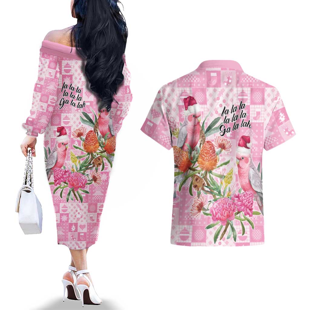Sweet Pink Cockatoo’s Aussie Santa Couples Matching Off The Shoulder Long Sleeve Dress and Hawaiian Shirt Australia Christmas Vibes - Aussie Hoodie