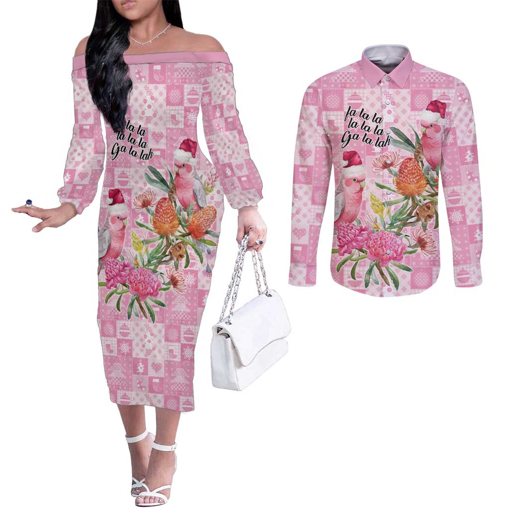 Sweet Pink Cockatoo’s Aussie Santa Couples Matching Off The Shoulder Long Sleeve Dress and Long Sleeve Button Shirt Australia Christmas Vibes - Aussie Hoodie