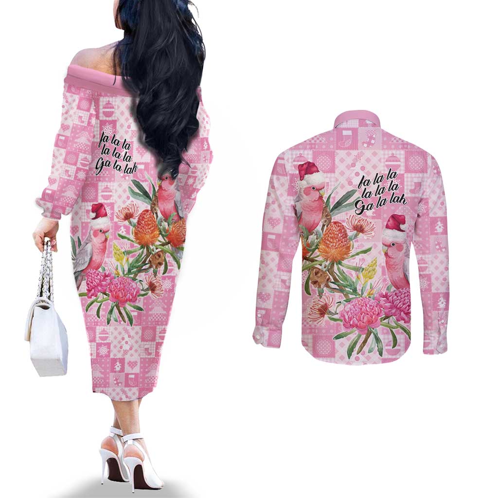 Sweet Pink Cockatoo’s Aussie Santa Couples Matching Off The Shoulder Long Sleeve Dress and Long Sleeve Button Shirt Australia Christmas Vibes - Aussie Hoodie