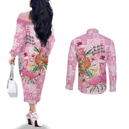 Sweet Pink Cockatoo’s Aussie Santa Couples Matching Off The Shoulder Long Sleeve Dress and Long Sleeve Button Shirt Australia Christmas Vibes - Aussie Hoodie