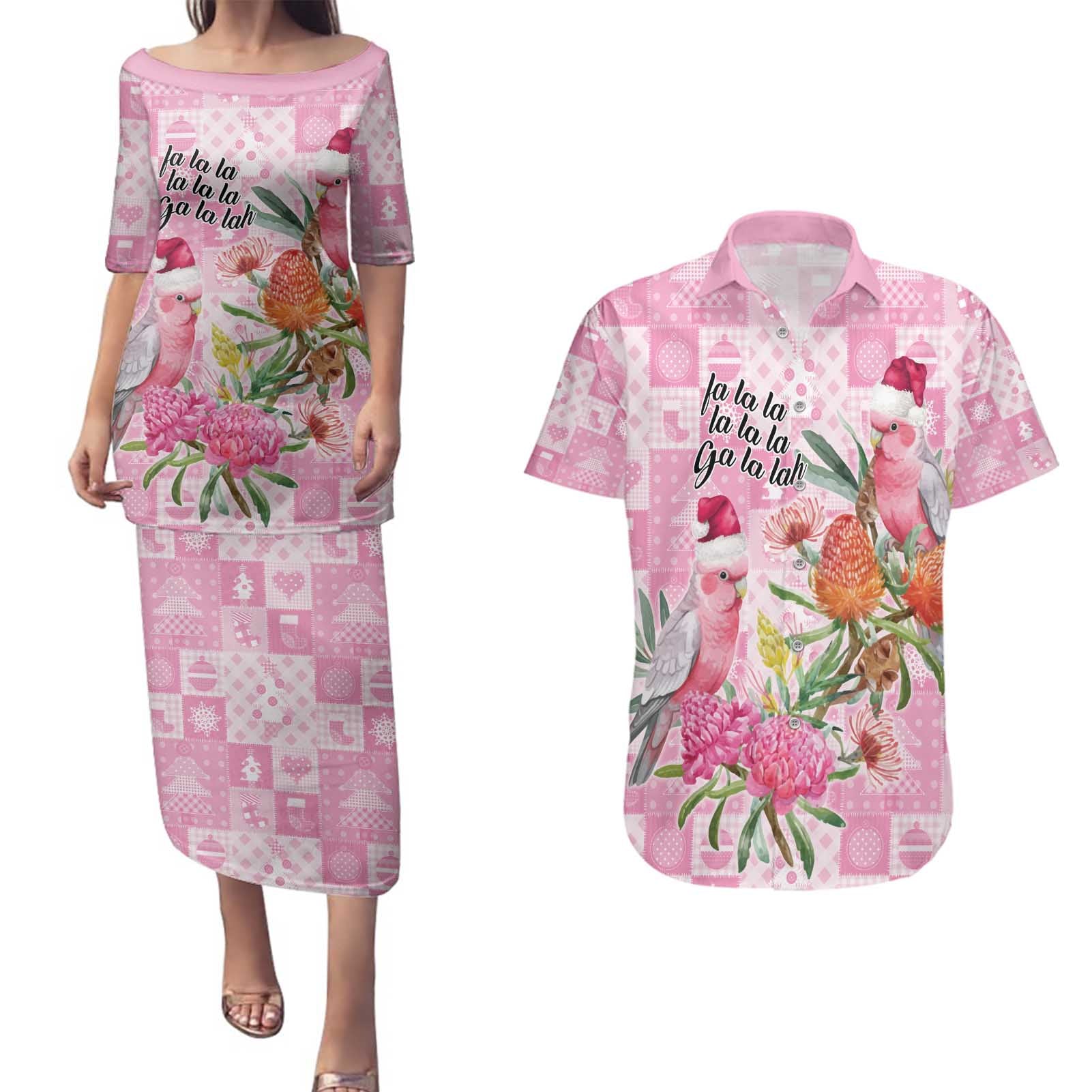 Sweet Pink Cockatoo’s Aussie Santa Couples Matching Puletasi and Hawaiian Shirt Australia Christmas Vibes - Aussie Hoodie