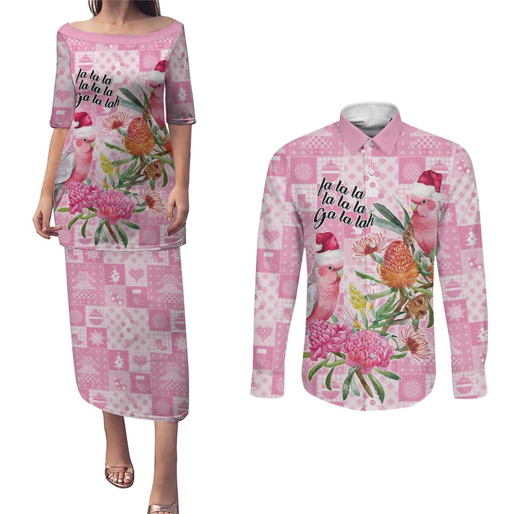 Sweet Pink Cockatoo’s Aussie Santa Couples Matching Puletasi and Long Sleeve Button Shirt Australia Christmas Vibes - Aussie Hoodie