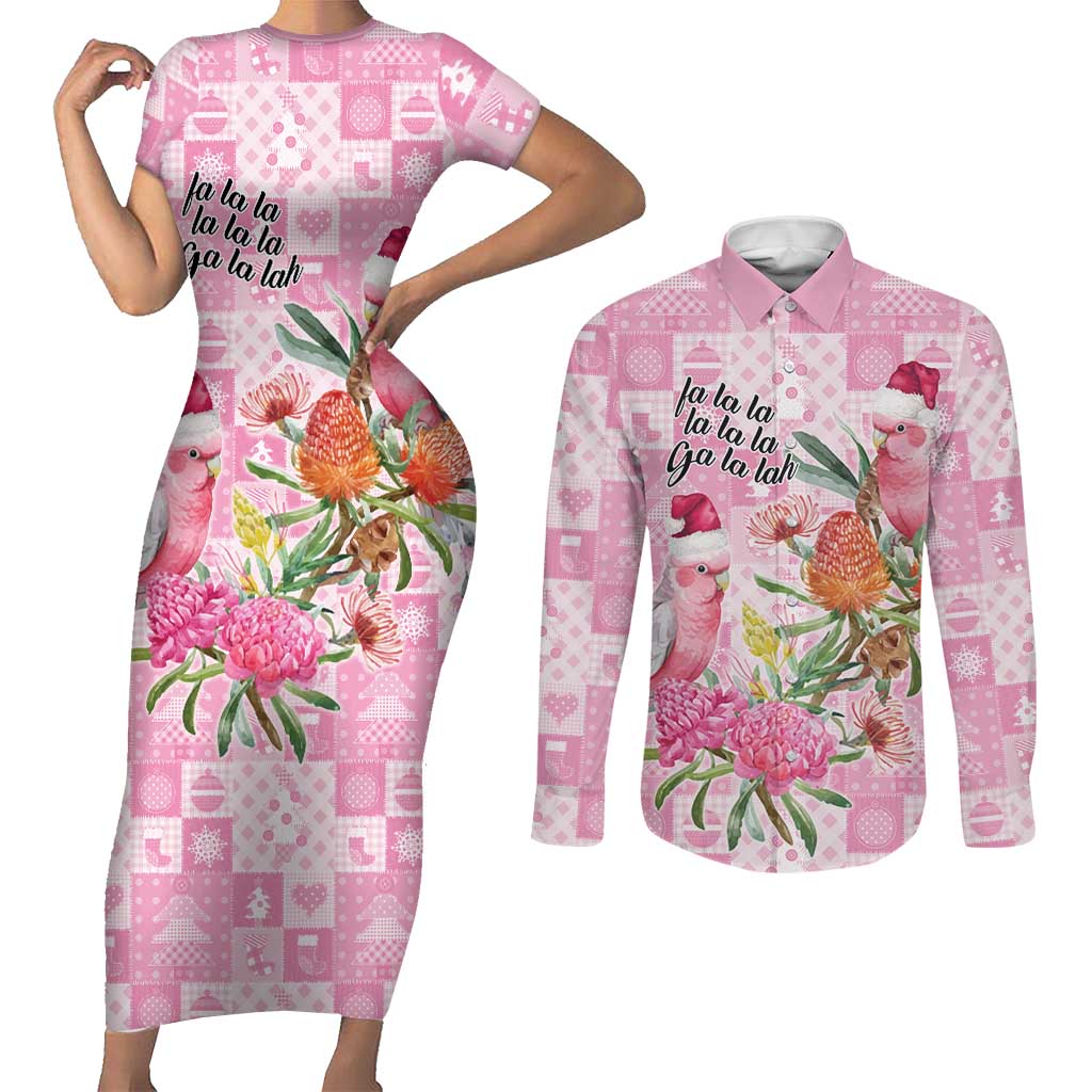Sweet Pink Cockatoo’s Aussie Santa Couples Matching Short Sleeve Bodycon Dress and Long Sleeve Button Shirt Australia Christmas Vibes - Aussie Hoodie