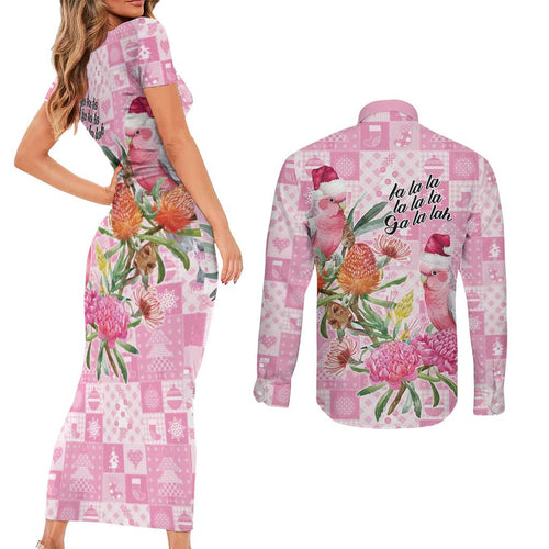 Sweet Pink Cockatoo’s Aussie Santa Couples Matching Short Sleeve Bodycon Dress and Long Sleeve Button Shirt Australia Christmas Vibes - Aussie Hoodie