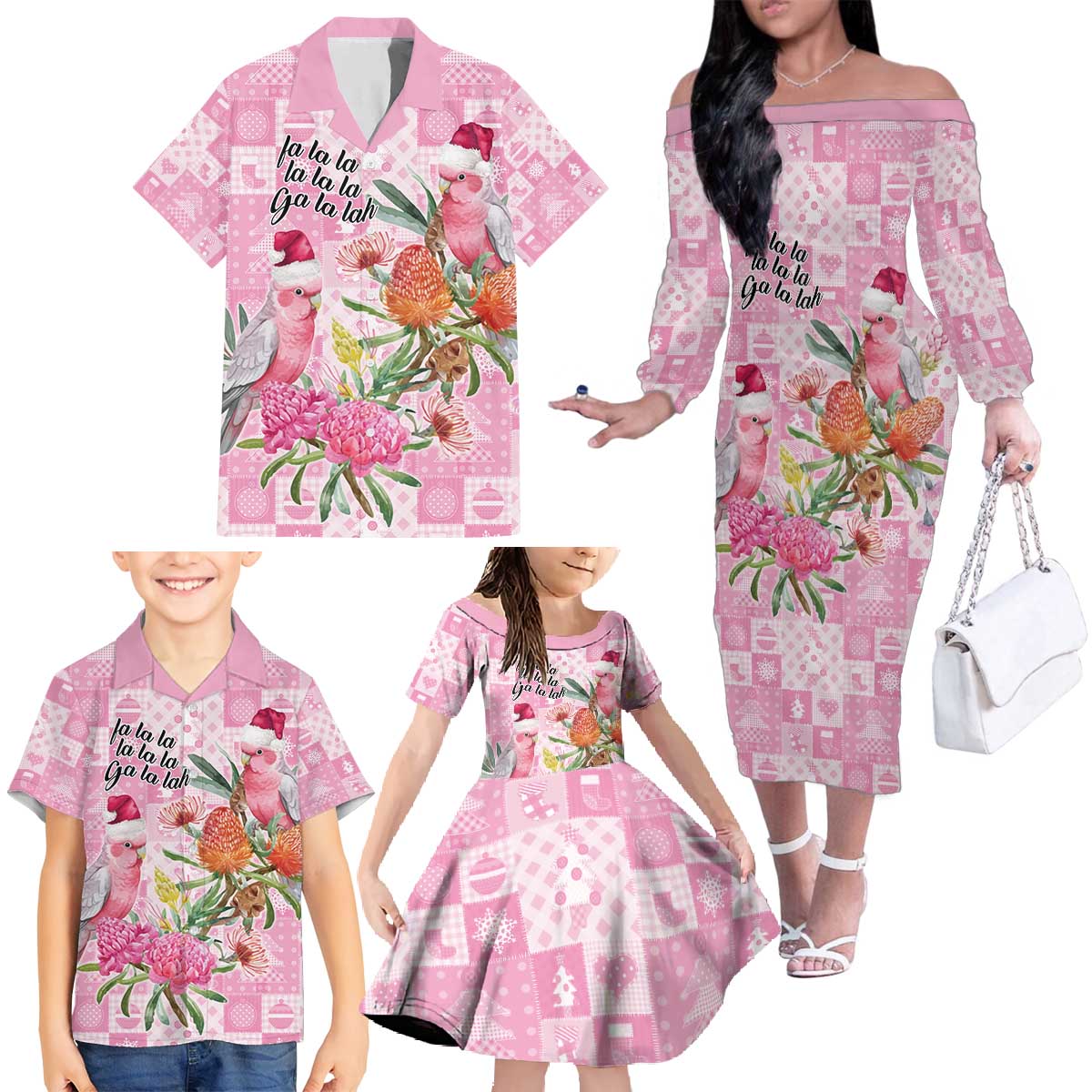 Sweet Pink Cockatoo’s Aussie Santa Family Matching Off The Shoulder Long Sleeve Dress and Hawaiian Shirt Australia Christmas Vibes - Aussie Hoodie