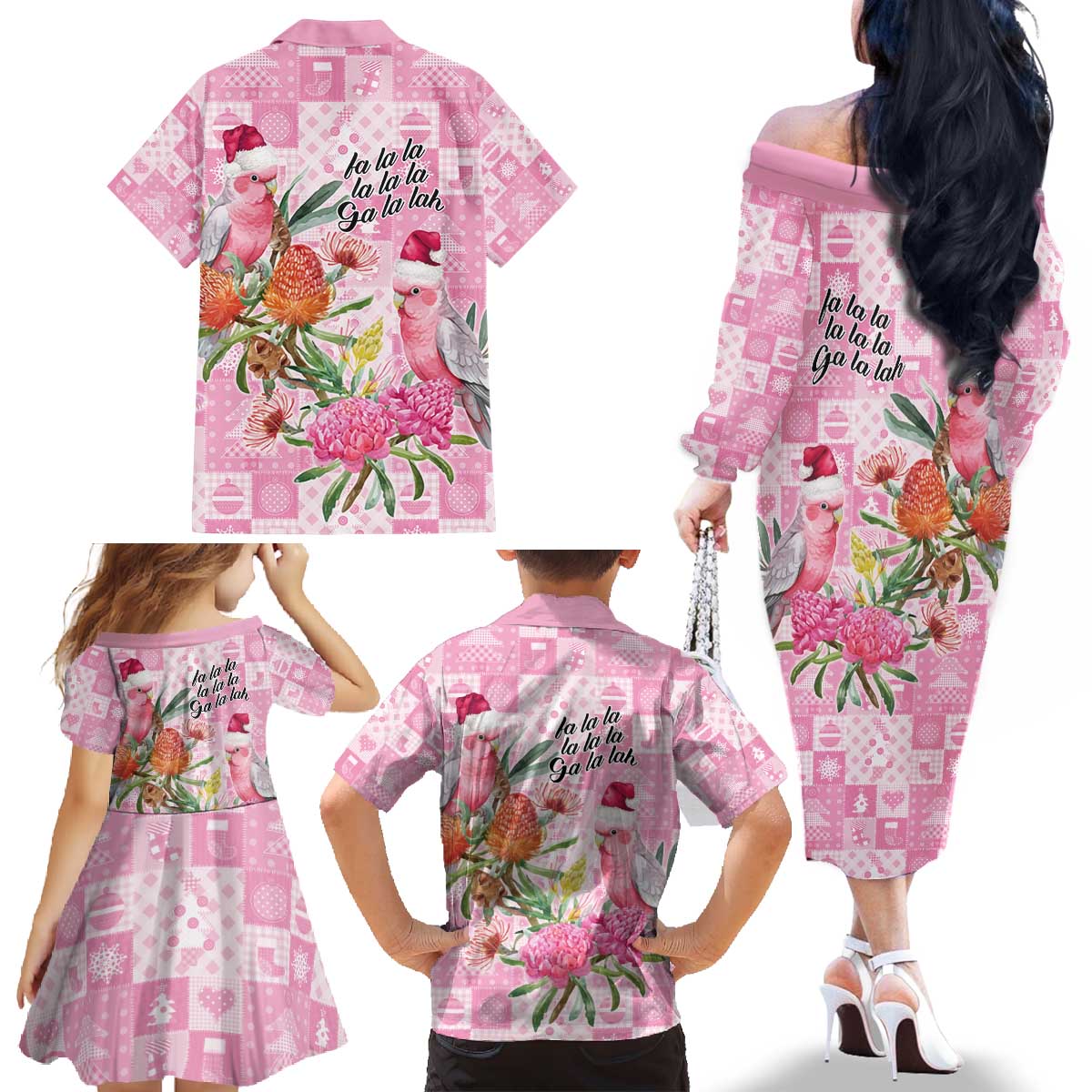 Sweet Pink Cockatoo’s Aussie Santa Family Matching Off The Shoulder Long Sleeve Dress and Hawaiian Shirt Australia Christmas Vibes - Aussie Hoodie