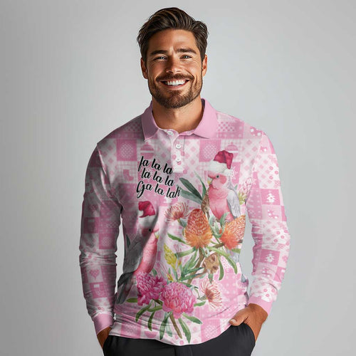 Sweet Pink Cockatoo’s Aussie Santa Long Sleeve Polo Shirt Australia Christmas Vibes - Aussie Hoodie