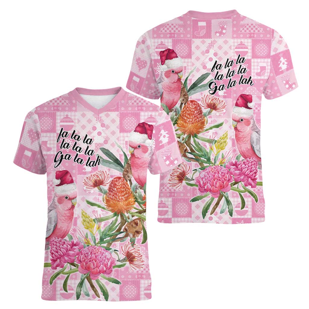 Sweet Pink Cockatoo’s Aussie Santa Women V-Neck T-Shirt Australia Christmas Vibes - Aussie Hoodie