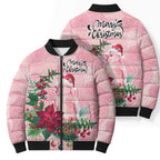 Watercolor Pink Galah Flowers Bomber Puffer Jacket Australia Christmas Vibes - Aussie Hoodie