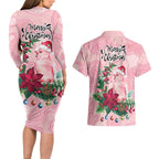 Watercolor Pink Galah Flowers Couples Matching Long Sleeve Bodycon Dress and Hawaiian Shirt Australia Christmas Vibes - Aussie Hoodie