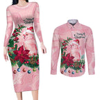 Watercolor Pink Galah Flowers Couples Matching Long Sleeve Bodycon Dress and Long Sleeve Button Shirt Australia Christmas Vibes - Aussie Hoodie
