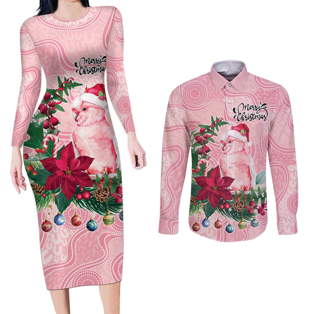 Watercolor Pink Galah Flowers Couples Matching Long Sleeve Bodycon Dress and Long Sleeve Button Shirt Australia Christmas Vibes - Aussie Hoodie