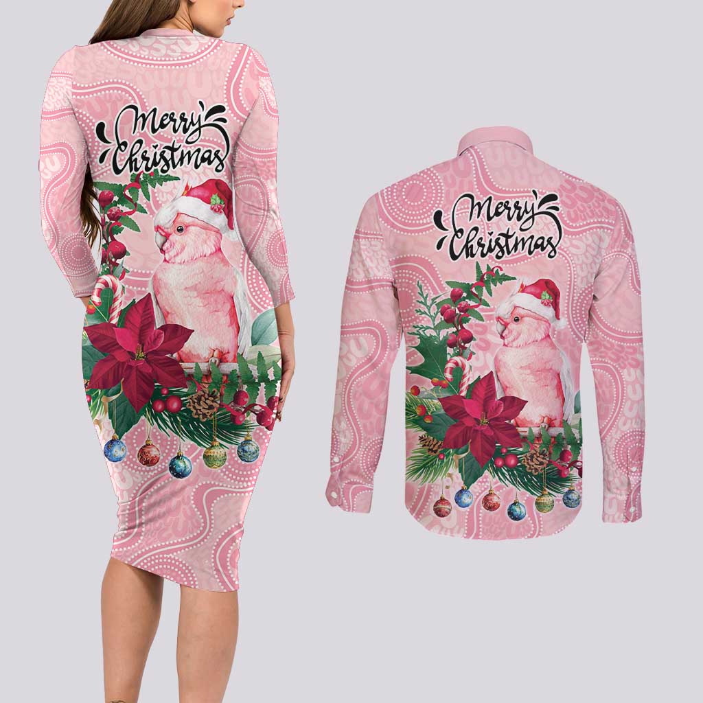 Watercolor Pink Galah Flowers Couples Matching Long Sleeve Bodycon Dress and Long Sleeve Button Shirt Australia Christmas Vibes - Aussie Hoodie