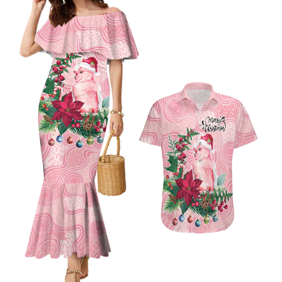Watercolor Pink Galah Flowers Couples Matching Mermaid Dress and Hawaiian Shirt Australia Christmas Vibes - Aussie Hoodie