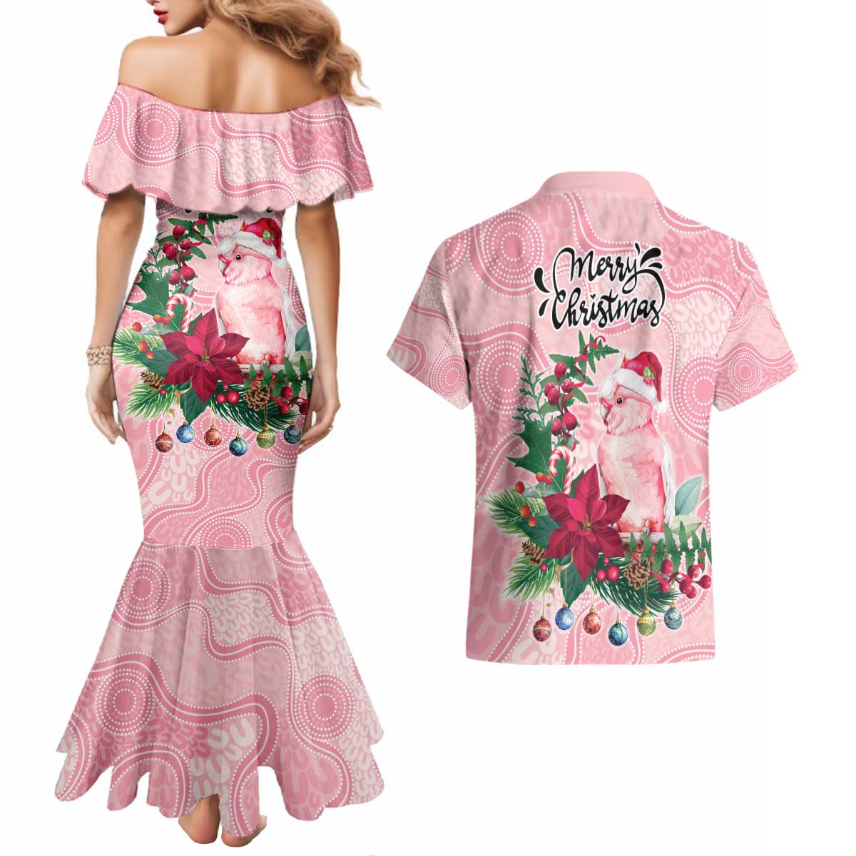 Watercolor Pink Galah Flowers Couples Matching Mermaid Dress and Hawaiian Shirt Australia Christmas Vibes - Aussie Hoodie