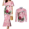 Watercolor Pink Galah Flowers Couples Matching Mermaid Dress and Long Sleeve Button Shirt Australia Christmas Vibes - Aussie Hoodie