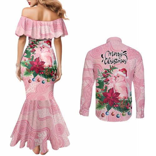 Watercolor Pink Galah Flowers Couples Matching Mermaid Dress and Long Sleeve Button Shirt Australia Christmas Vibes - Aussie Hoodie