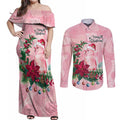 Watercolor Pink Galah Flowers Couples Matching Off Shoulder Maxi Dress and Long Sleeve Button Shirt Australia Christmas Vibes - Aussie Hoodie