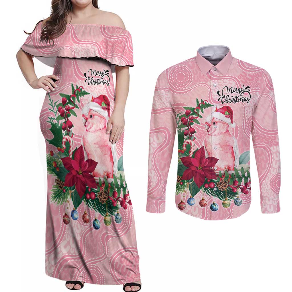Watercolor Pink Galah Flowers Couples Matching Off Shoulder Maxi Dress and Long Sleeve Button Shirt Australia Christmas Vibes - Aussie Hoodie