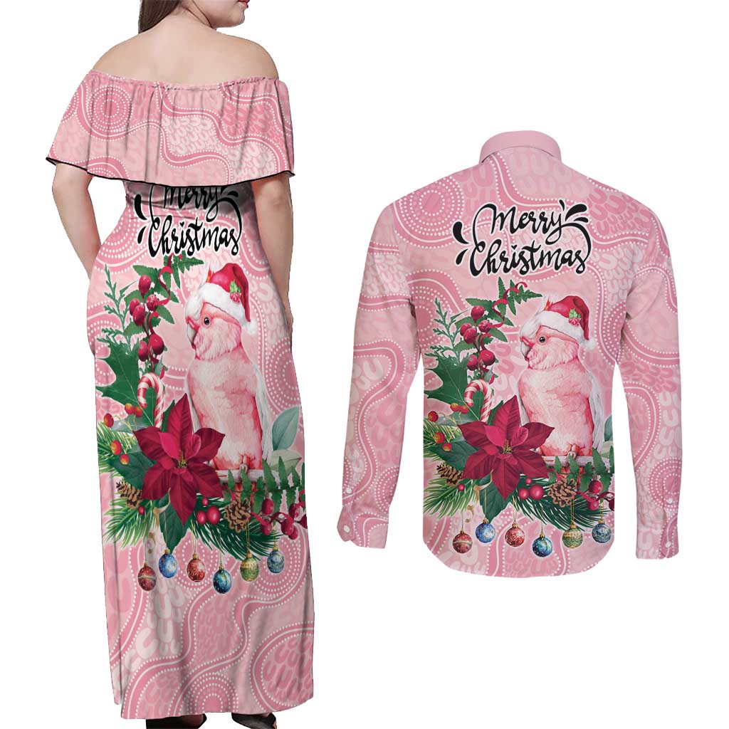 Watercolor Pink Galah Flowers Couples Matching Off Shoulder Maxi Dress and Long Sleeve Button Shirt Australia Christmas Vibes - Aussie Hoodie