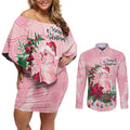 Watercolor Pink Galah Flowers Couples Matching Off Shoulder Short Dress and Long Sleeve Button Shirt Australia Christmas Vibes - Aussie Hoodie