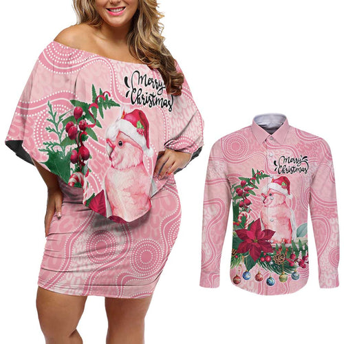 Watercolor Pink Galah Flowers Couples Matching Off Shoulder Short Dress and Long Sleeve Button Shirt Australia Christmas Vibes - Aussie Hoodie
