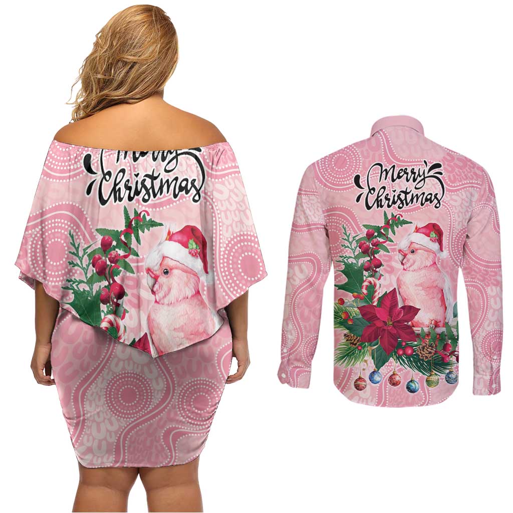 Watercolor Pink Galah Flowers Couples Matching Off Shoulder Short Dress and Long Sleeve Button Shirt Australia Christmas Vibes - Aussie Hoodie
