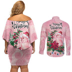 Watercolor Pink Galah Flowers Couples Matching Off Shoulder Short Dress and Long Sleeve Button Shirt Australia Christmas Vibes - Aussie Hoodie
