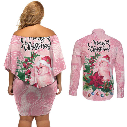 Watercolor Pink Galah Flowers Couples Matching Off Shoulder Short Dress and Long Sleeve Button Shirt Australia Christmas Vibes - Aussie Hoodie