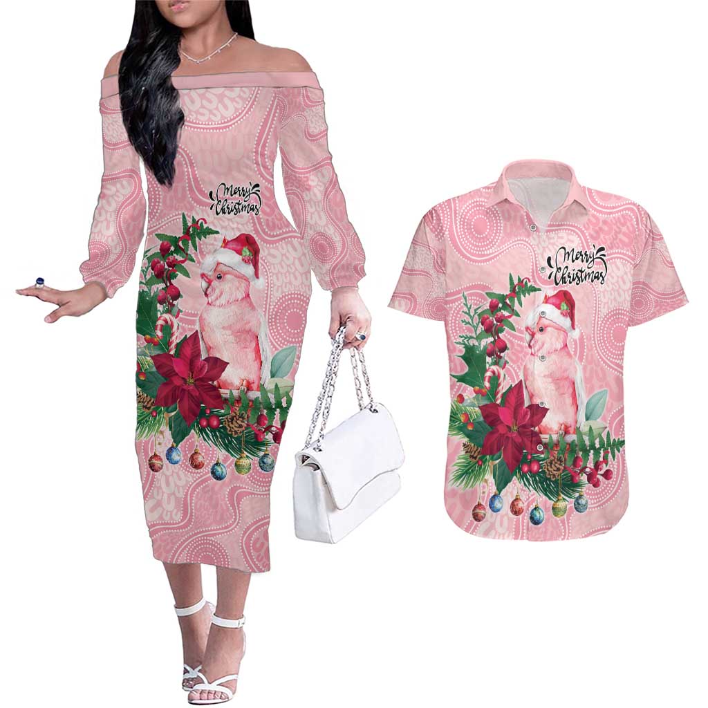 Watercolor Pink Galah Flowers Couples Matching Off The Shoulder Long Sleeve Dress and Hawaiian Shirt Australia Christmas Vibes - Aussie Hoodie