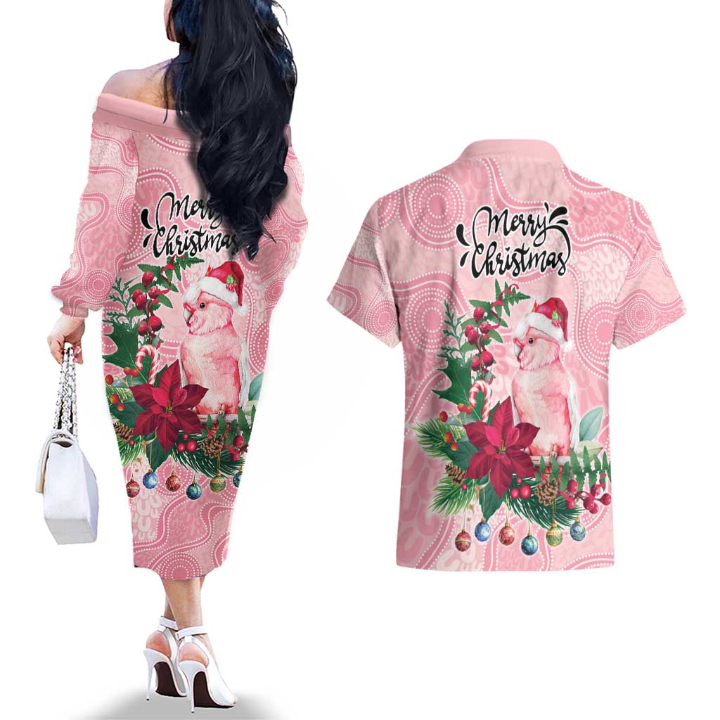 Watercolor Pink Galah Flowers Couples Matching Off The Shoulder Long Sleeve Dress and Hawaiian Shirt Australia Christmas Vibes - Aussie Hoodie