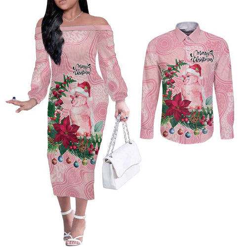 Watercolor Pink Galah Flowers Couples Matching Off The Shoulder Long Sleeve Dress and Long Sleeve Button Shirt Australia Christmas Vibes - Aussie Hoodie