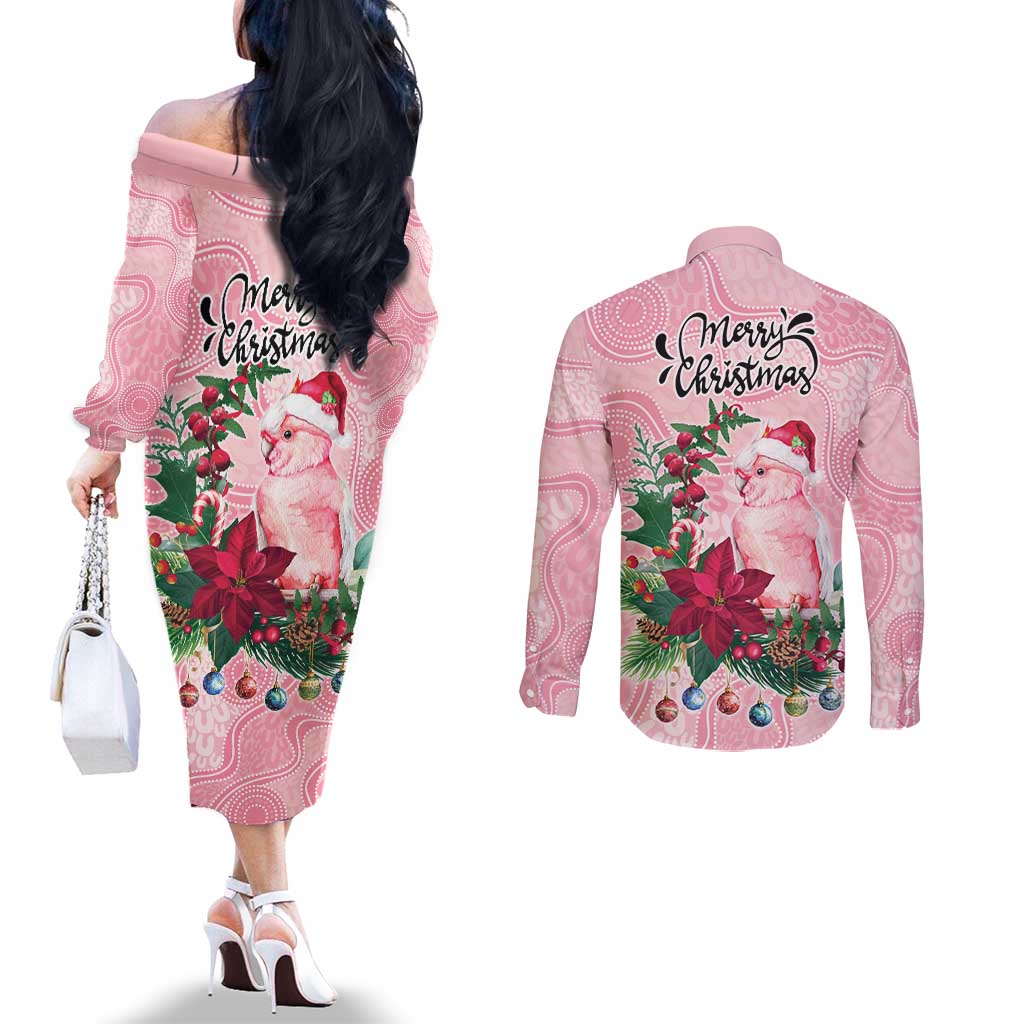 Watercolor Pink Galah Flowers Couples Matching Off The Shoulder Long Sleeve Dress and Long Sleeve Button Shirt Australia Christmas Vibes - Aussie Hoodie