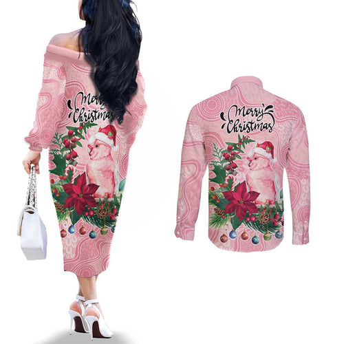Watercolor Pink Galah Flowers Couples Matching Off The Shoulder Long Sleeve Dress and Long Sleeve Button Shirt Australia Christmas Vibes - Aussie Hoodie