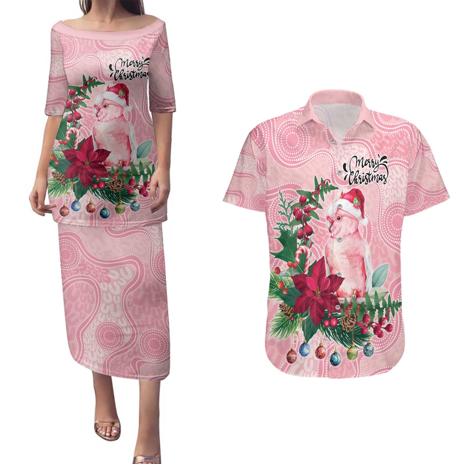 Watercolor Pink Galah Flowers Couples Matching Puletasi and Hawaiian Shirt Australia Christmas Vibes - Aussie Hoodie