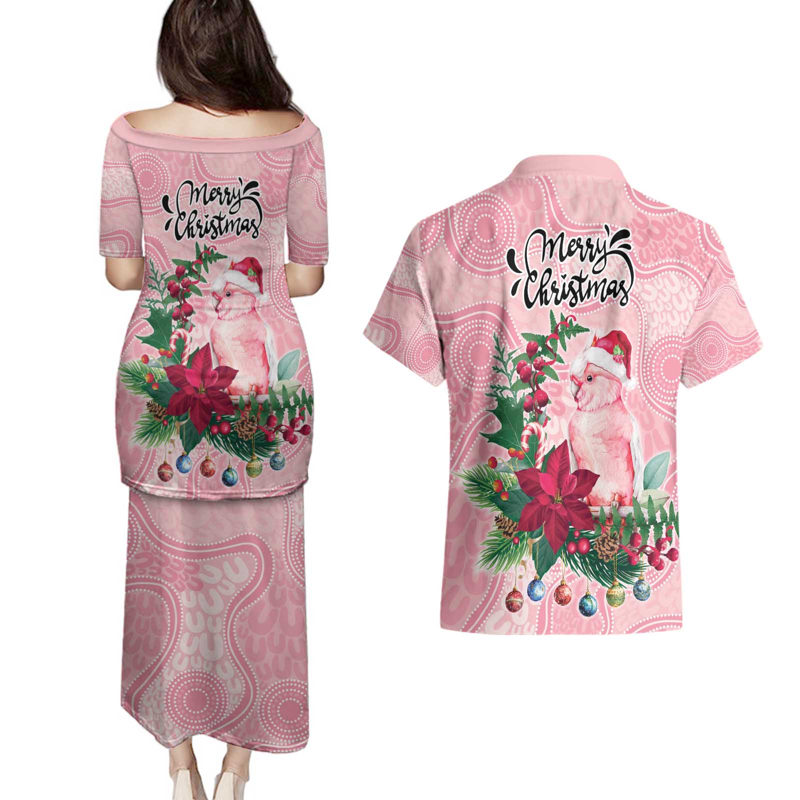 Watercolor Pink Galah Flowers Couples Matching Puletasi and Hawaiian Shirt Australia Christmas Vibes - Aussie Hoodie