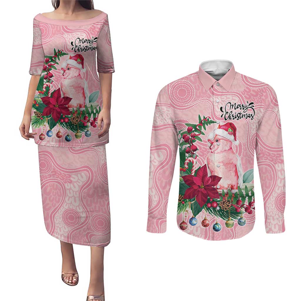 Watercolor Pink Galah Flowers Couples Matching Puletasi and Long Sleeve Button Shirt Australia Christmas Vibes - Aussie Hoodie