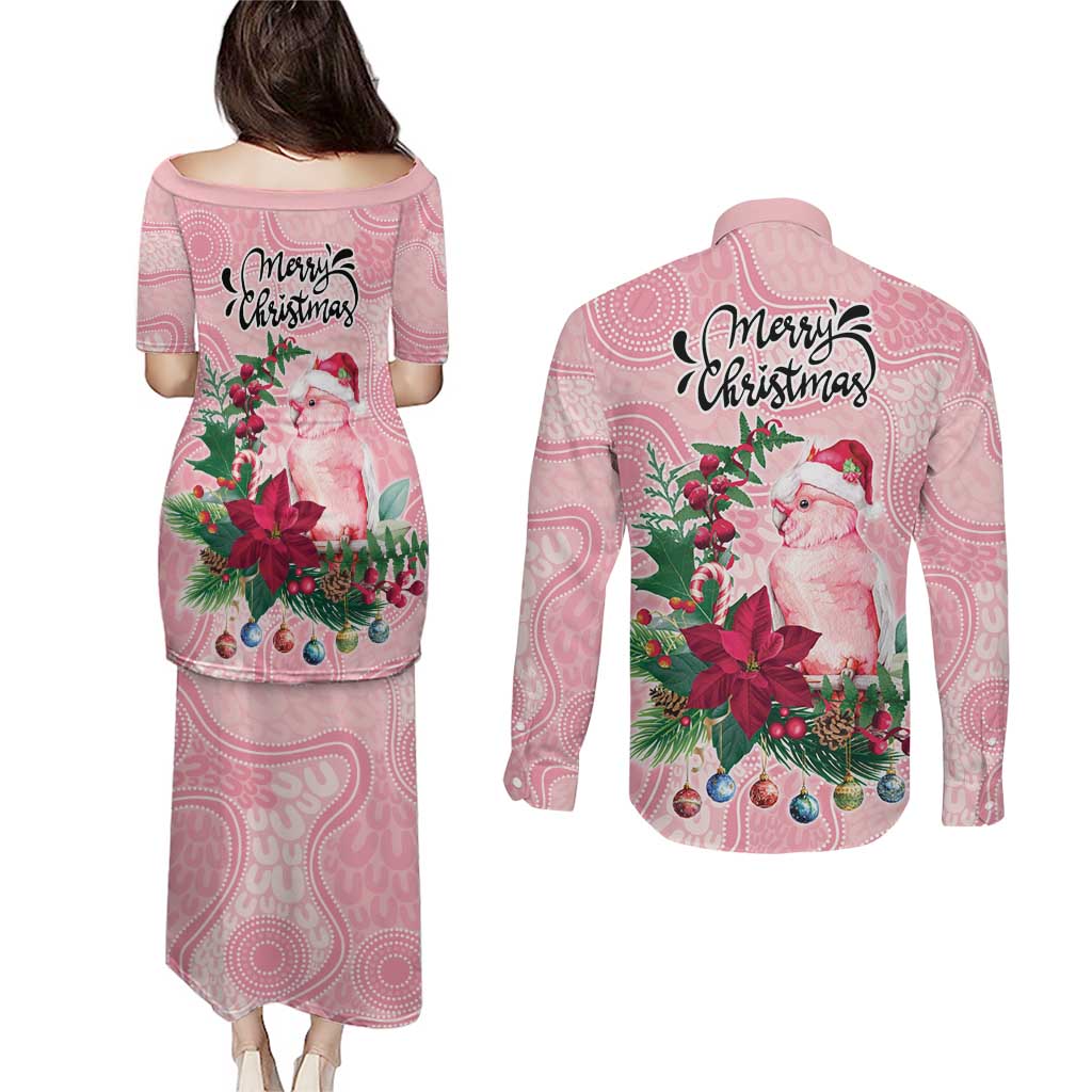 Watercolor Pink Galah Flowers Couples Matching Puletasi and Long Sleeve Button Shirt Australia Christmas Vibes - Aussie Hoodie