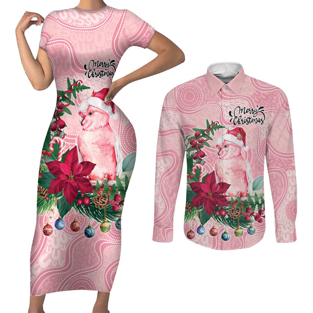 Watercolor Pink Galah Flowers Couples Matching Short Sleeve Bodycon Dress and Long Sleeve Button Shirt Australia Christmas Vibes - Aussie Hoodie