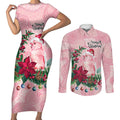 Watercolor Pink Galah Flowers Couples Matching Short Sleeve Bodycon Dress and Long Sleeve Button Shirt Australia Christmas Vibes - Aussie Hoodie