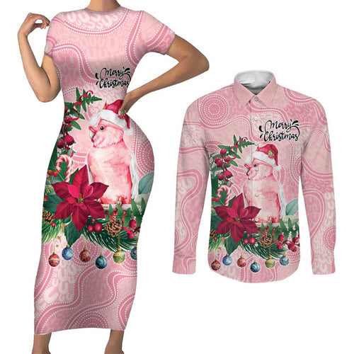 Watercolor Pink Galah Flowers Couples Matching Short Sleeve Bodycon Dress and Long Sleeve Button Shirt Australia Christmas Vibes - Aussie Hoodie