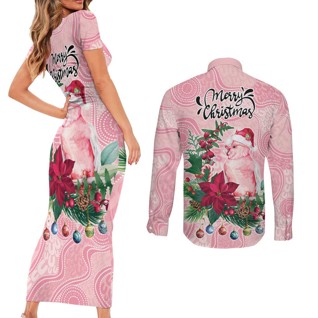 Watercolor Pink Galah Flowers Couples Matching Short Sleeve Bodycon Dress and Long Sleeve Button Shirt Australia Christmas Vibes - Aussie Hoodie
