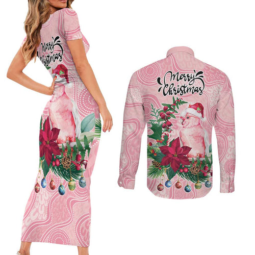 Watercolor Pink Galah Flowers Couples Matching Short Sleeve Bodycon Dress and Long Sleeve Button Shirt Australia Christmas Vibes - Aussie Hoodie