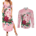 Watercolor Pink Galah Flowers Couples Matching Summer Maxi Dress and Long Sleeve Button Shirt Australia Christmas Vibes - Aussie Hoodie